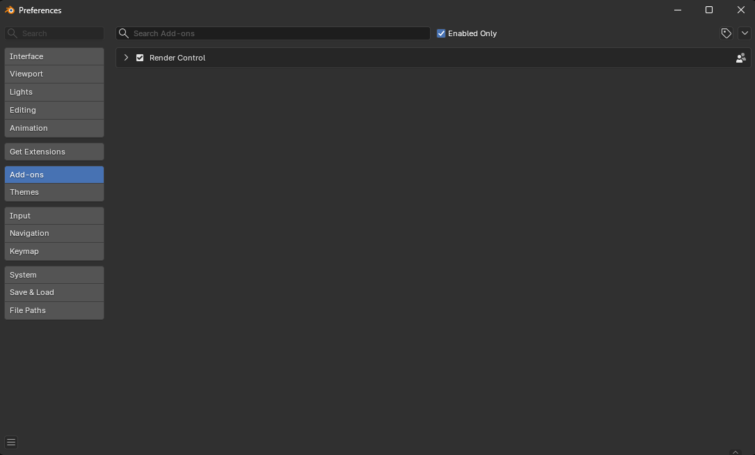 Blender Preferences on the Add-ons tab, with Render Control listed and its checkbox ticked