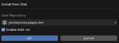 The Install from Disk dialog with Enable Add-on ticked and an OK button