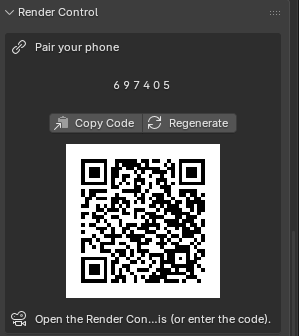 Blender's Properties Render tab showing the Render Control panel with a pairing QR code, a 6-digit code, and Copy Code and Regenerate buttons